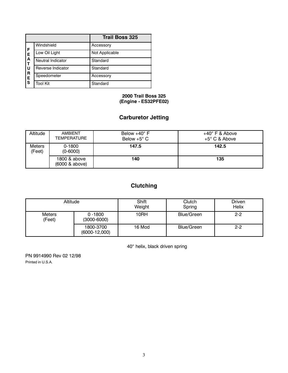 Carburetor jetting, Clutching | Polaris 2000 ATV Trail Boss 325 User Manual | Page 3 / 4
