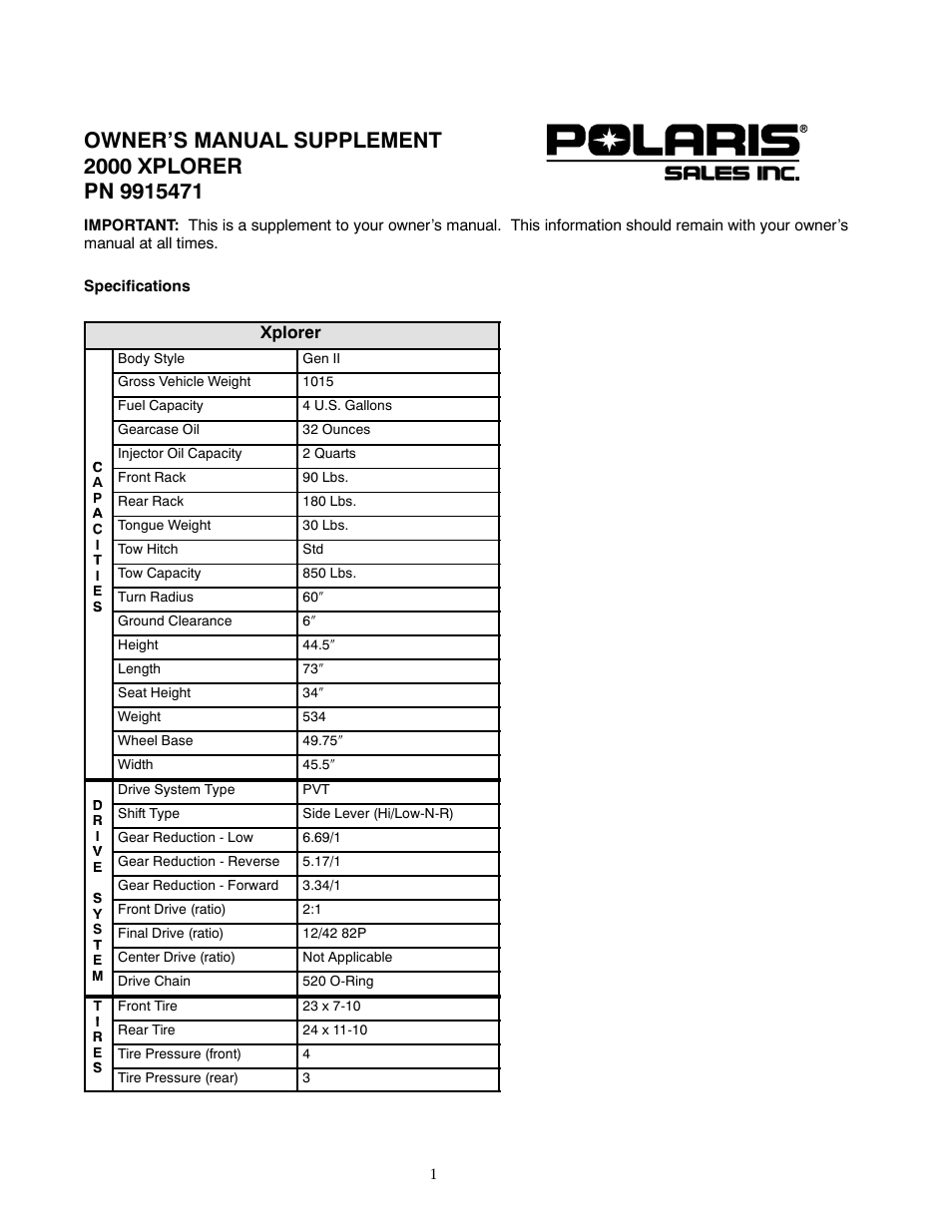 Polaris 2000 ATV Xplorer User Manual | 4 pages