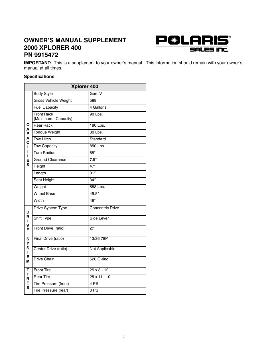Polaris 2000 ATV Xplorer 400 User Manual | 4 pages