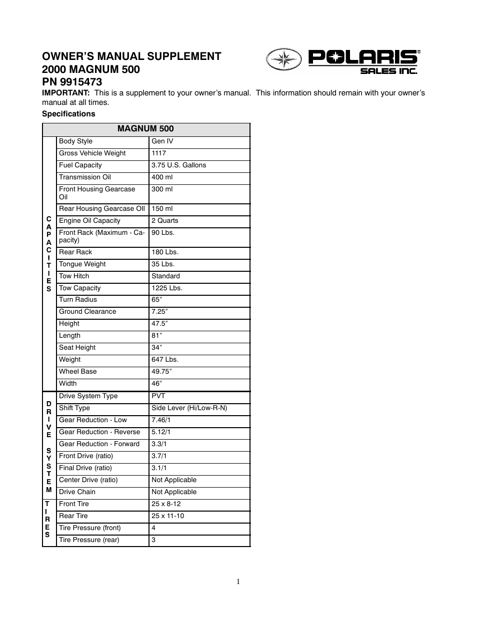 Polaris 2000 ATV Magnum 500 User Manual | 5 pages