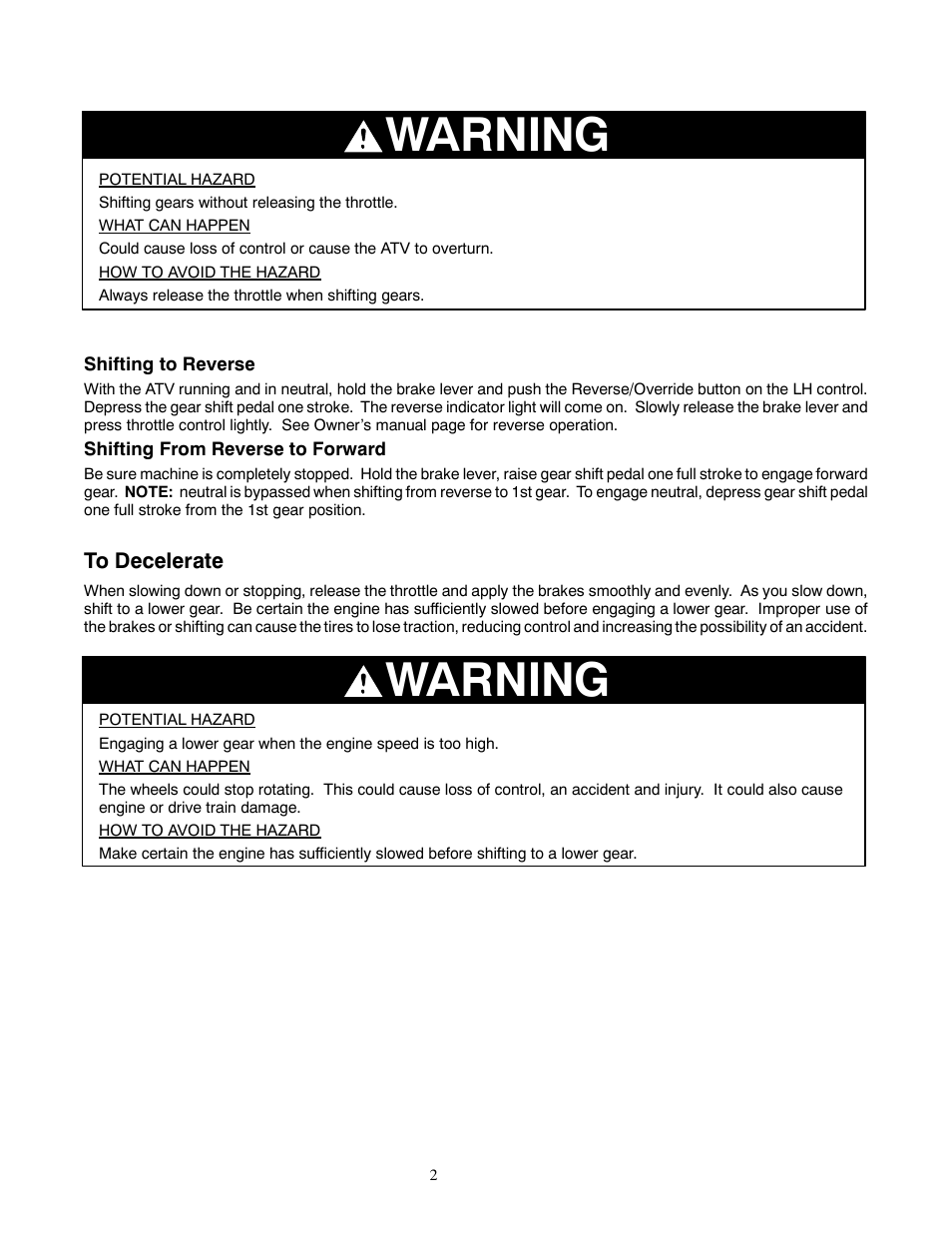 Warning | Polaris 2000 ATV Xpedition 325 User Manual | Page 2 / 7