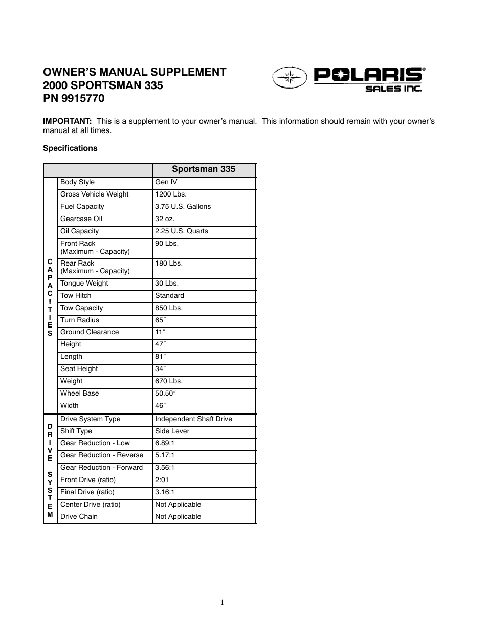 Polaris 2000 ATV Sportsman 335 User Manual | 6 pages