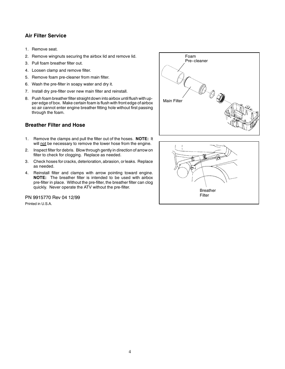 Air filter service, Breather filter and hose | Polaris 2000 ATV Sportsman 335 User Manual | Page 4 / 6