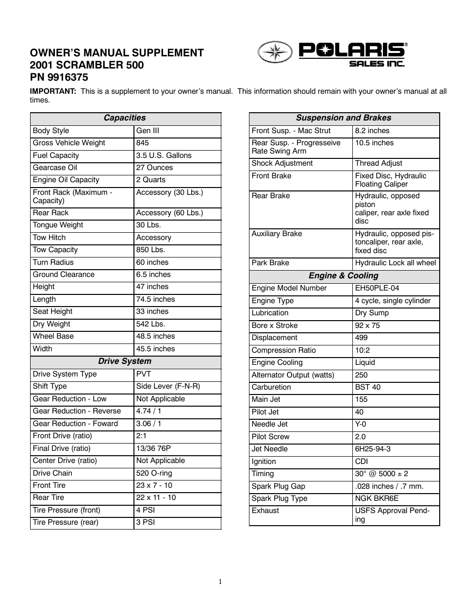 Polaris 2001 ATV Scrambler 500 User Manual | 2 pages