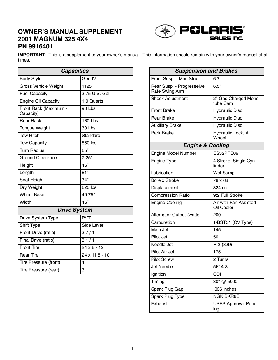 Polaris 2001 ATV Magnum 325 4x4 User Manual | 2 pages
