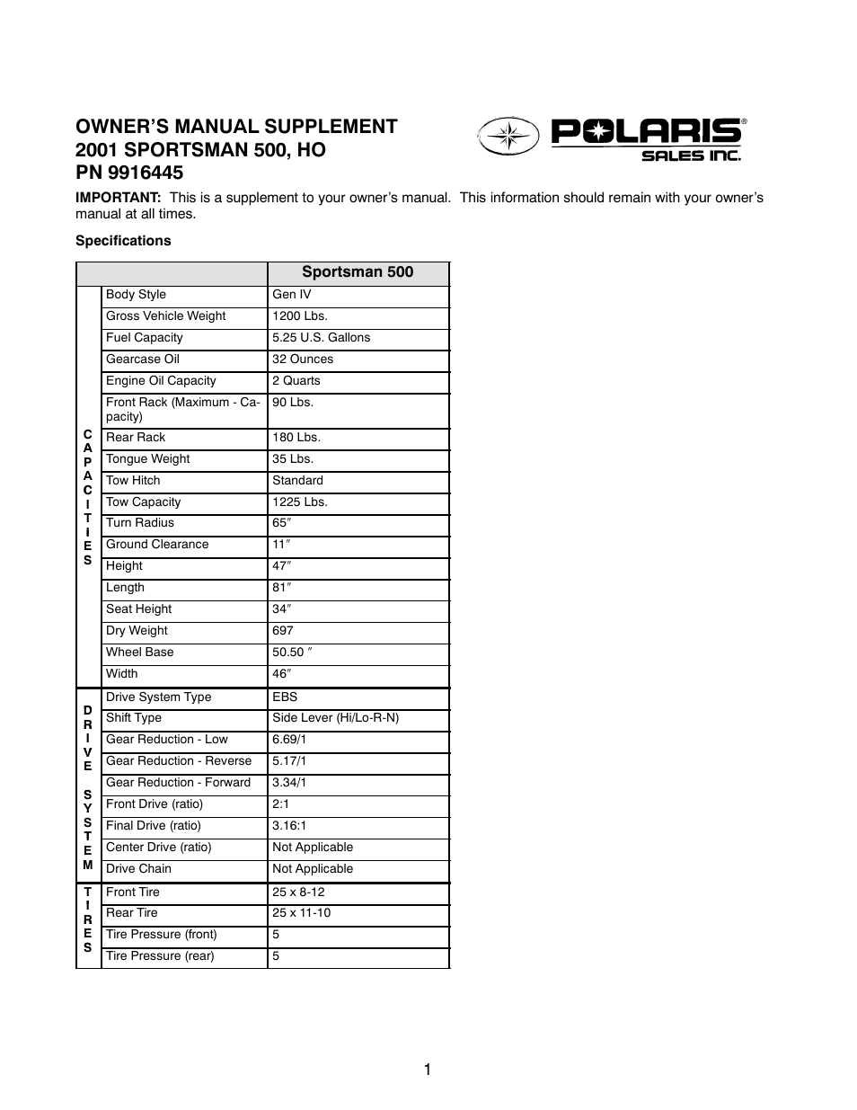 Polaris 2001 ATV Sportsman 500 HO User Manual | 4 pages