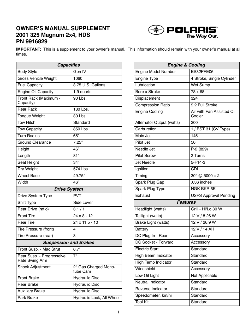 Polaris 2001 ATV Magnum 325 2X4 HDS User Manual | 2 pages