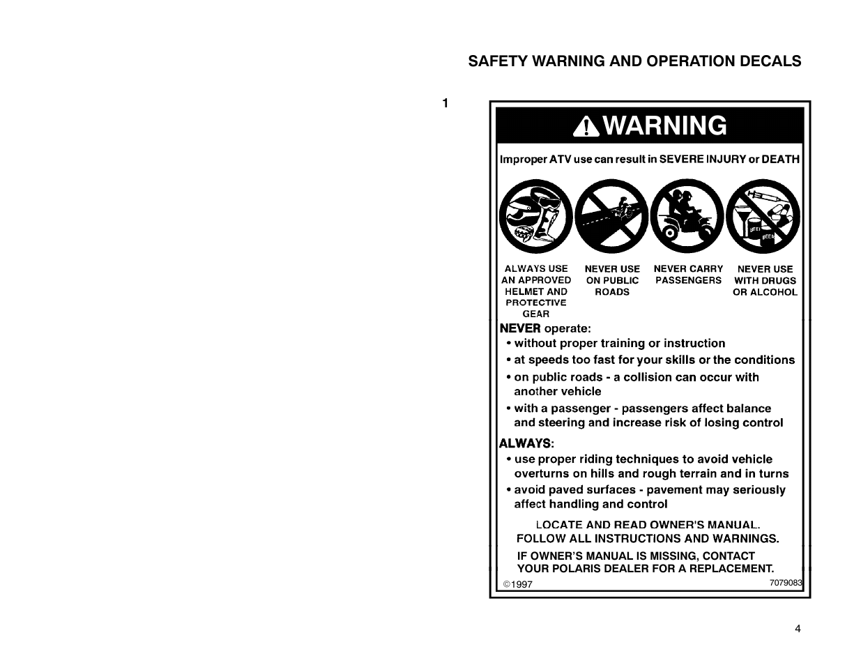 Warning | Polaris 2001 ATV Universal ATV User Manual | Page 15 / 189