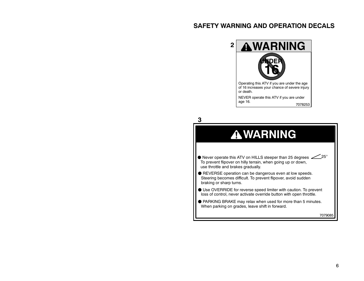 Warning, Safety warning and operation decals, Under 2 3 | Polaris 2001 ATV Universal ATV User Manual | Page 17 / 189
