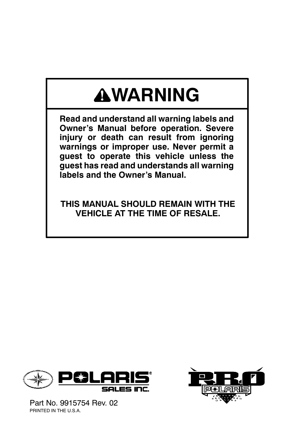 Warning | Polaris 2001 ATV Universal ATV User Manual | Page 189 / 189
