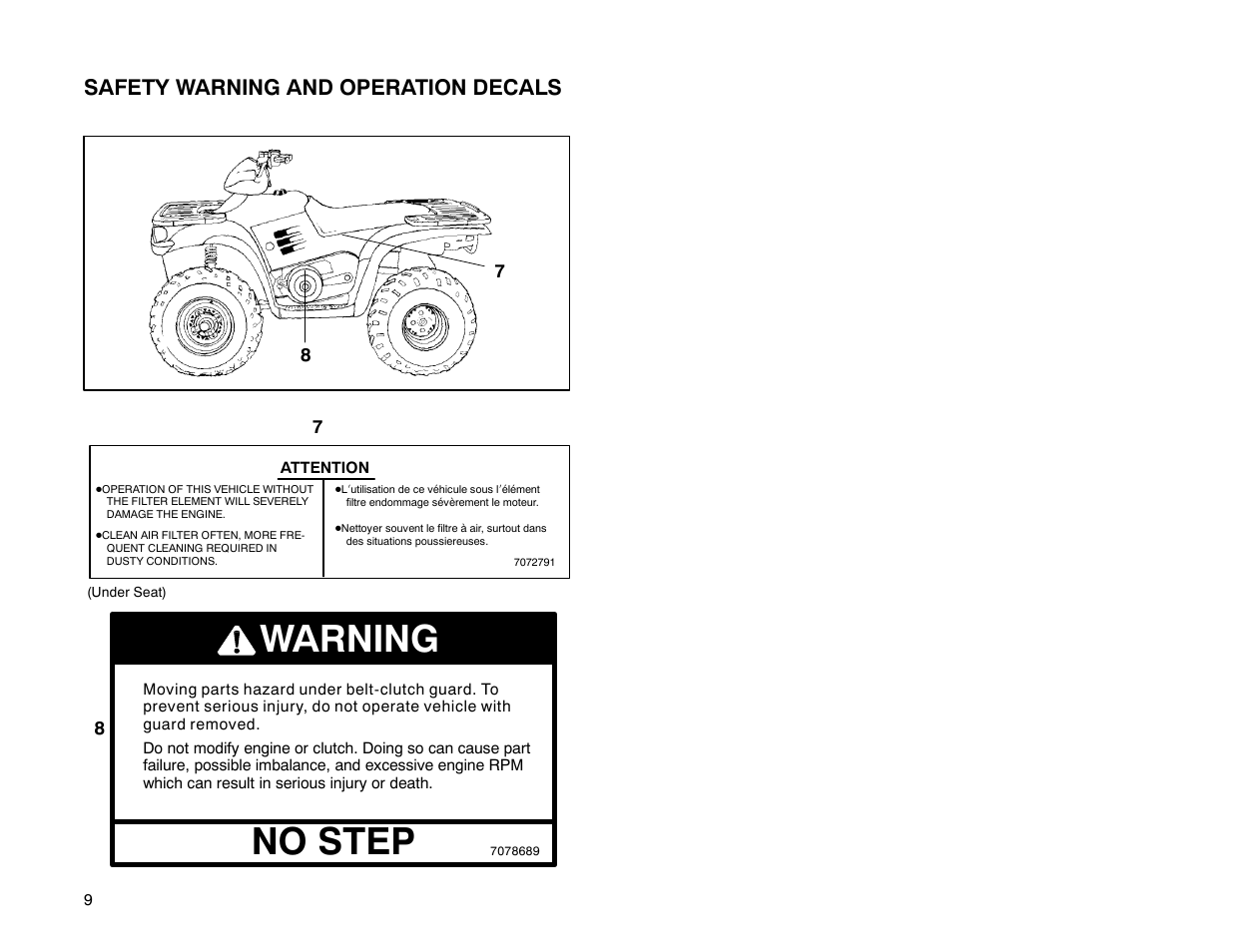 No step, Warning, Safety warning and operation decals | Polaris 2001 ATV Universal ATV User Manual | Page 20 / 189