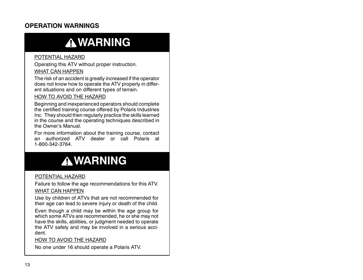 Warning | Polaris 2001 ATV Universal ATV User Manual | Page 24 / 189