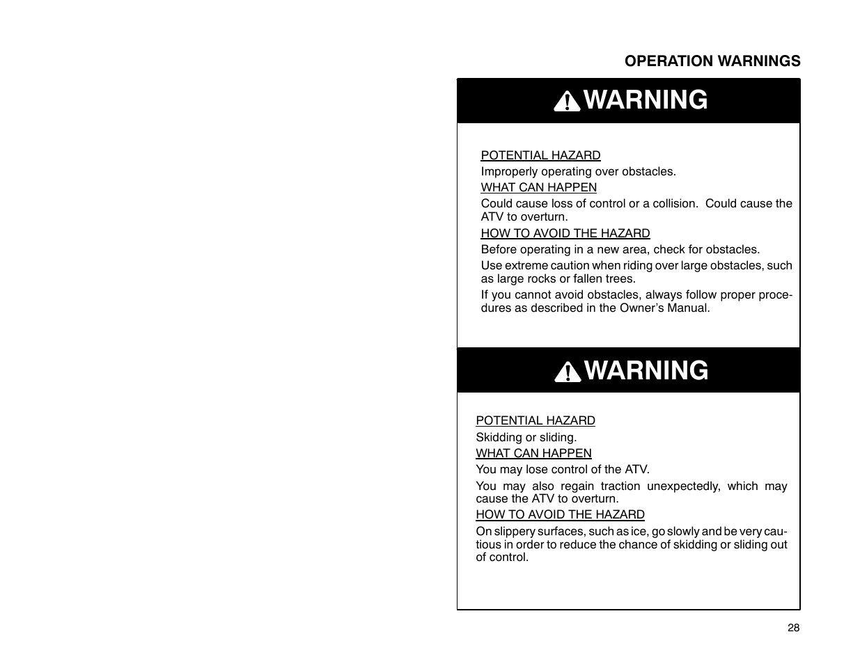 Warning | Polaris 2001 ATV Universal ATV User Manual | Page 39 / 189