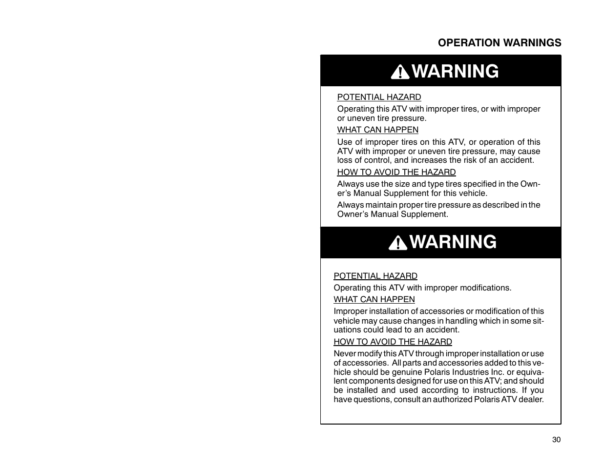 Warning | Polaris 2001 ATV Universal ATV User Manual | Page 41 / 189
