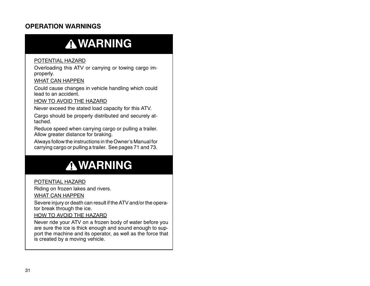 Warning | Polaris 2001 ATV Universal ATV User Manual | Page 42 / 189