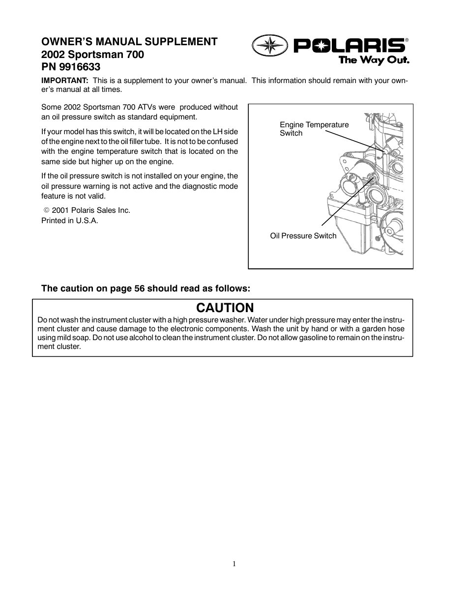 Polaris 2002 ATV Sportsman 700 Supplement User Manual | 1 page