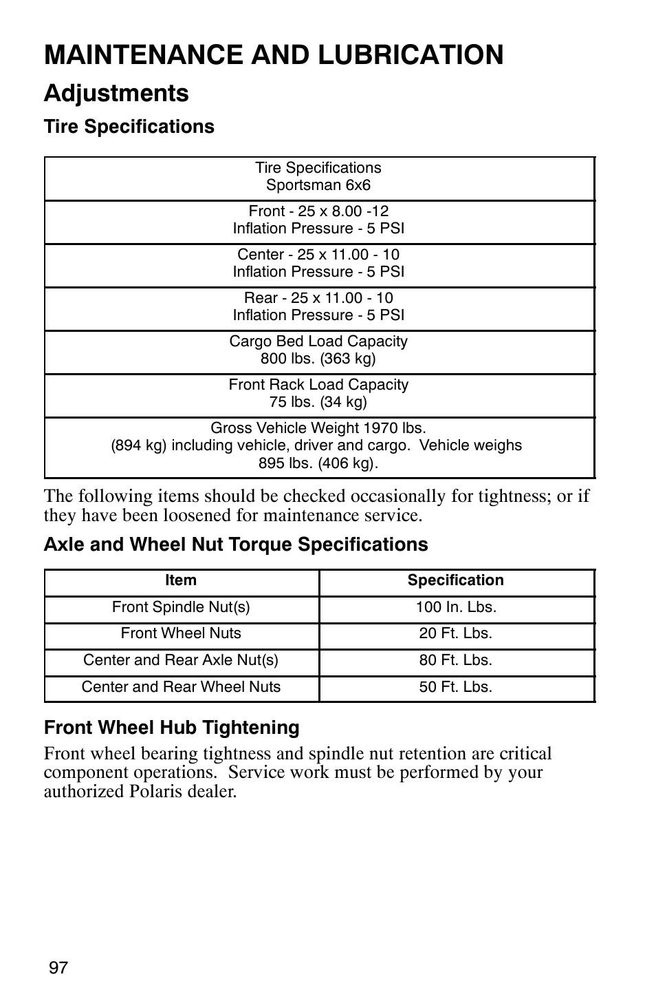 Maintenance and lubrication, Adjustments | Polaris 2002 ATV Sportsman 6X6 User Manual | Page 100 / 131