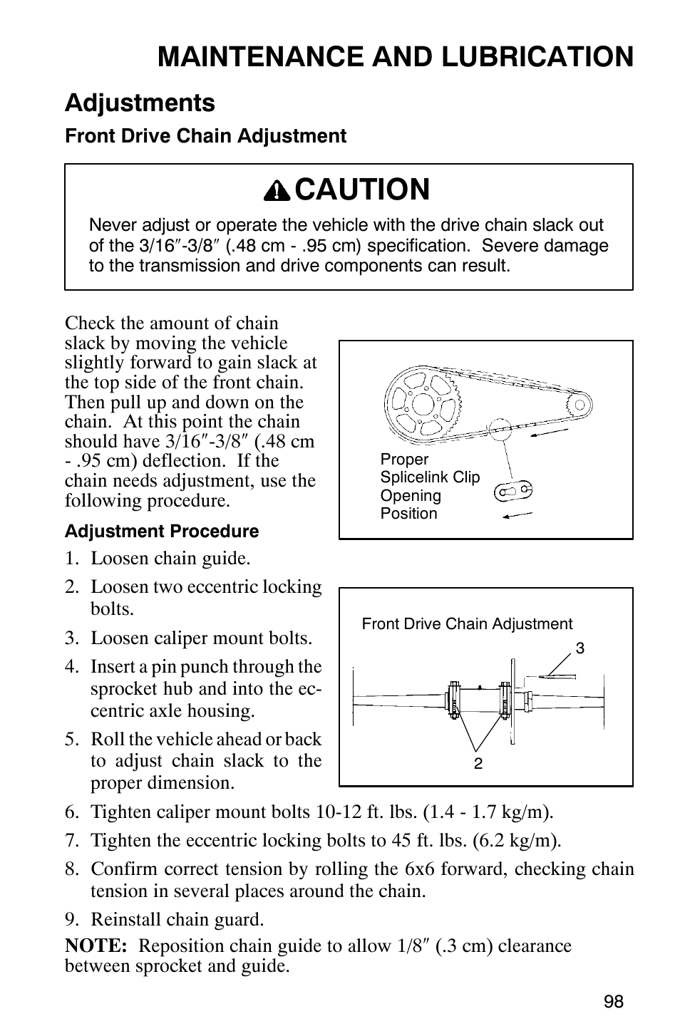 Caution, Maintenance and lubrication, Adjustments | Polaris 2002 ATV Sportsman 6X6 User Manual | Page 101 / 131