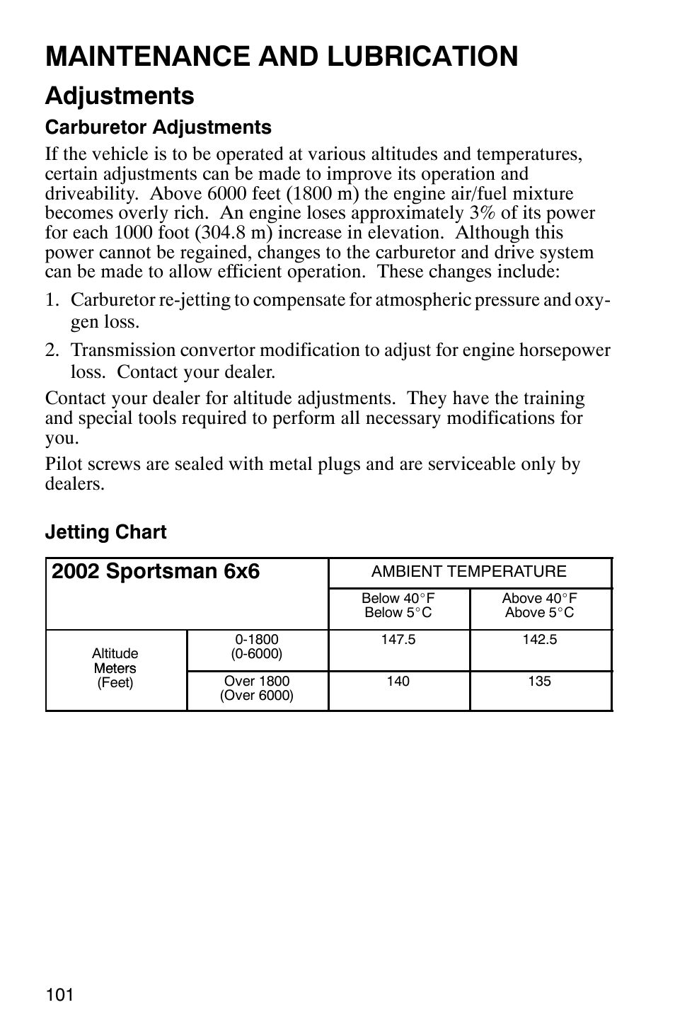 Maintenance and lubrication, Adjustments | Polaris 2002 ATV Sportsman 6X6 User Manual | Page 104 / 131