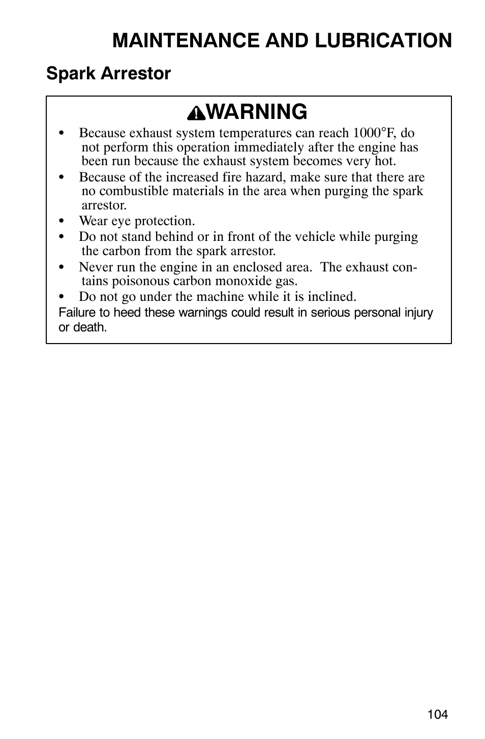 Warning, Maintenance and lubrication, Spark arrestor | Polaris 2002 ATV Sportsman 6X6 User Manual | Page 107 / 131