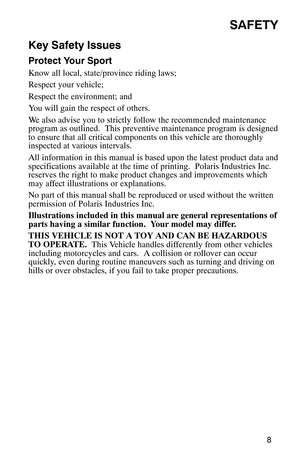 Safety, Key safety issues | Polaris 2002 ATV Sportsman 6X6 User Manual | Page 11 / 131