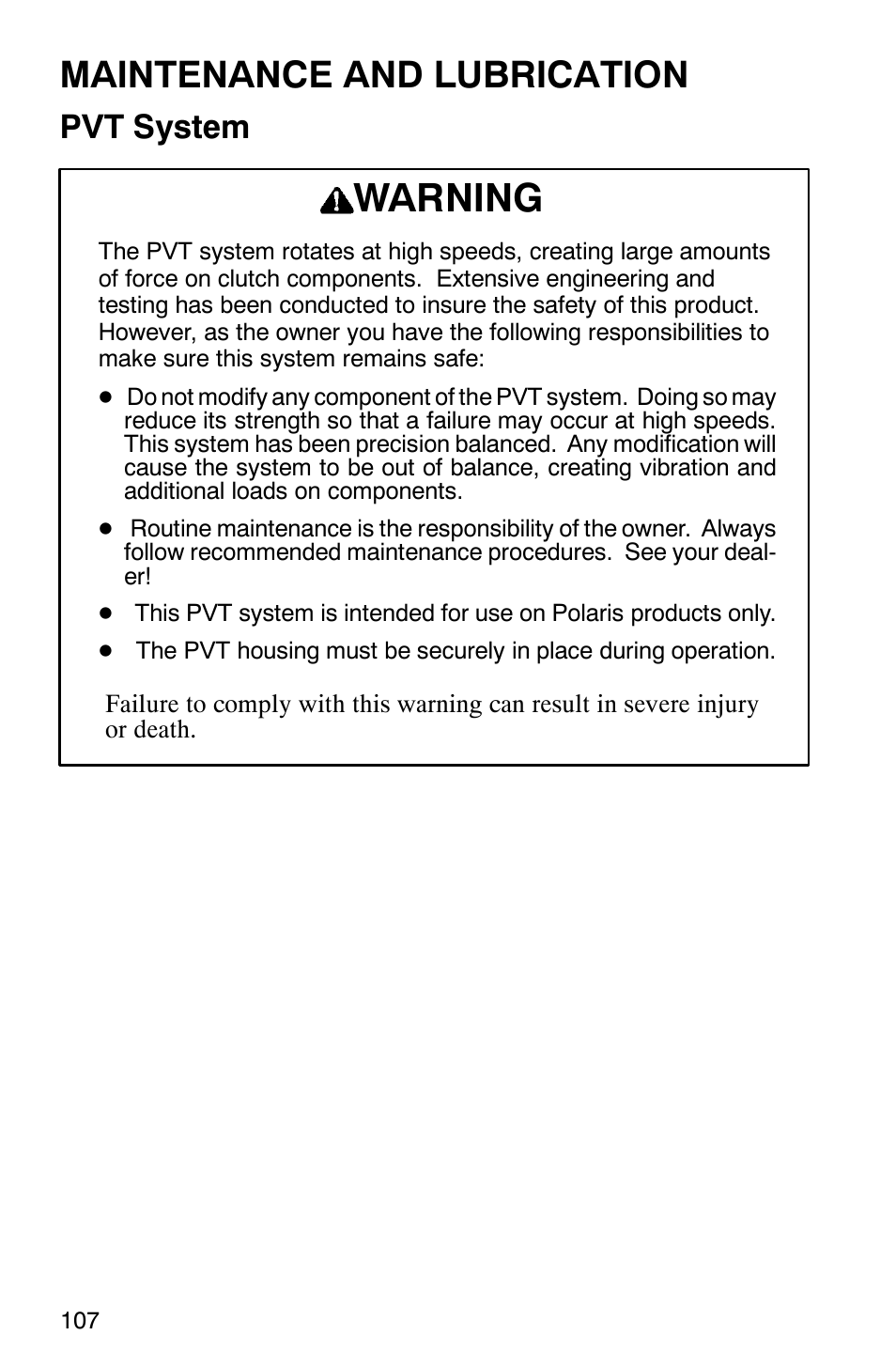 Warning, Maintenance and lubrication, Pvt system | Polaris 2002 ATV Sportsman 6X6 User Manual | Page 110 / 131