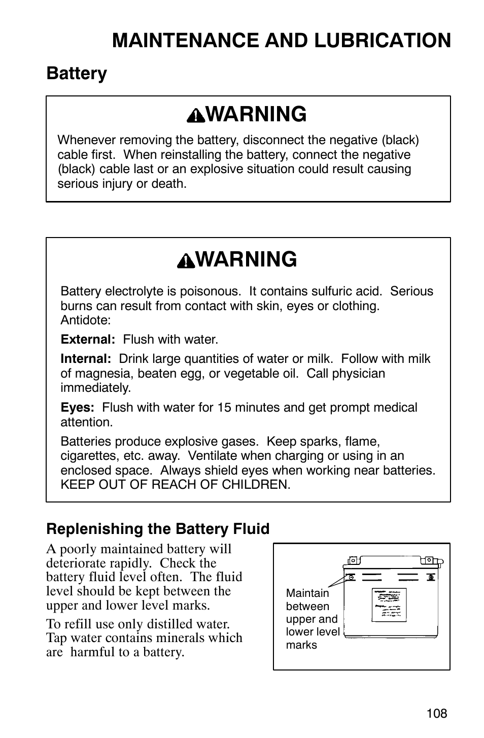 Warning, Maintenance and lubrication, Battery | Polaris 2002 ATV Sportsman 6X6 User Manual | Page 111 / 131