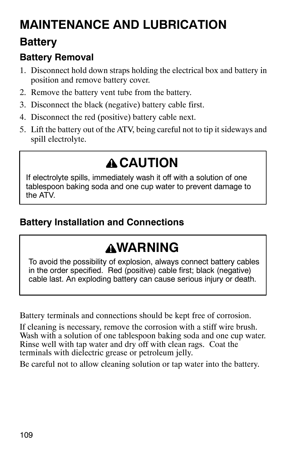 Caution, Warning, Maintenance and lubrication | Battery | Polaris 2002 ATV Sportsman 6X6 User Manual | Page 112 / 131