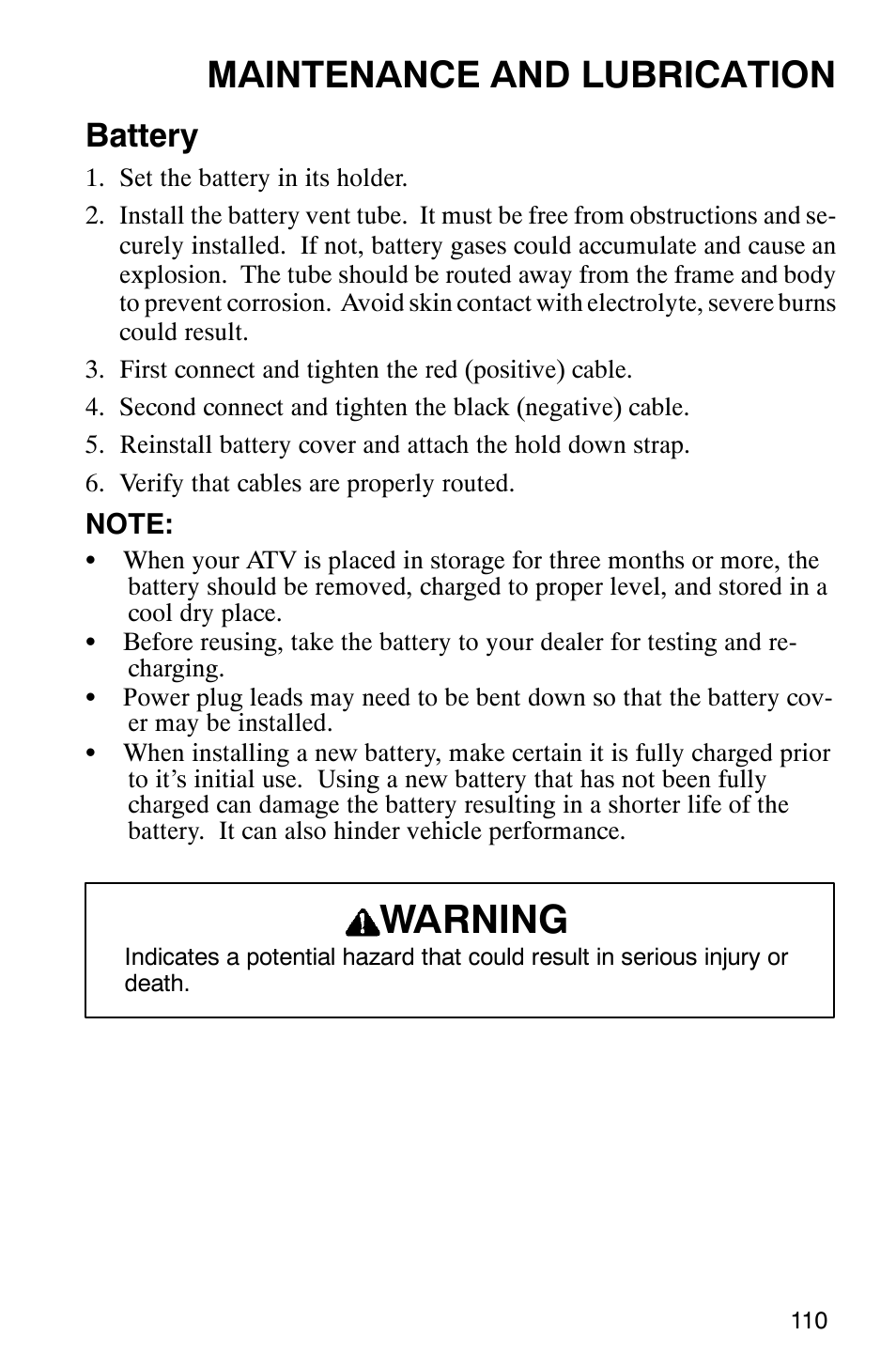 Warning, Maintenance and lubrication, Battery | Polaris 2002 ATV Sportsman 6X6 User Manual | Page 113 / 131