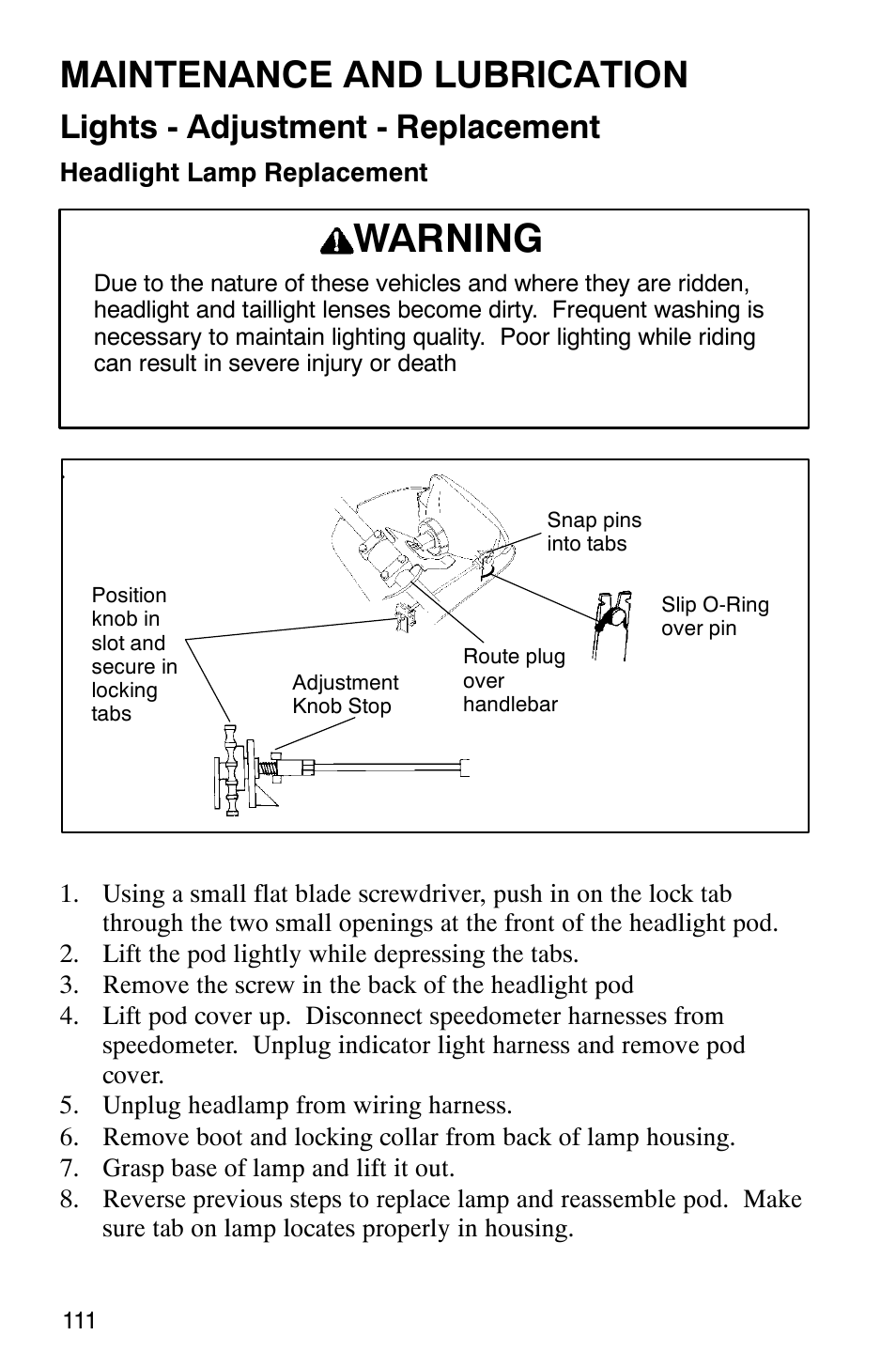 Warning, Maintenance and lubrication, Lights - adjustment - replacement | Polaris 2002 ATV Sportsman 6X6 User Manual | Page 114 / 131