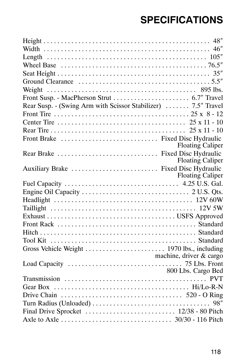 Specifications | Polaris 2002 ATV Sportsman 6X6 User Manual | Page 121 / 131