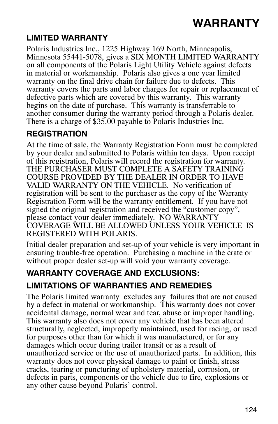 Warranty | Polaris 2002 ATV Sportsman 6X6 User Manual | Page 127 / 131