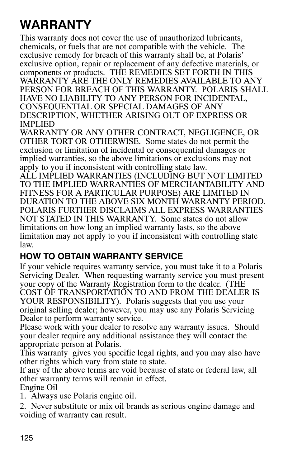 Warranty | Polaris 2002 ATV Sportsman 6X6 User Manual | Page 128 / 131