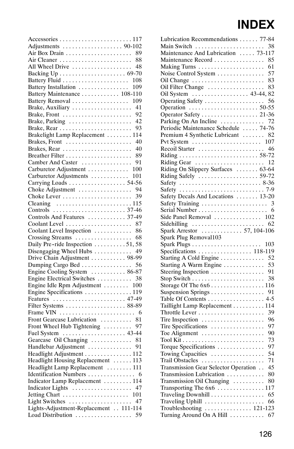 Index | Polaris 2002 ATV Sportsman 6X6 User Manual | Page 129 / 131