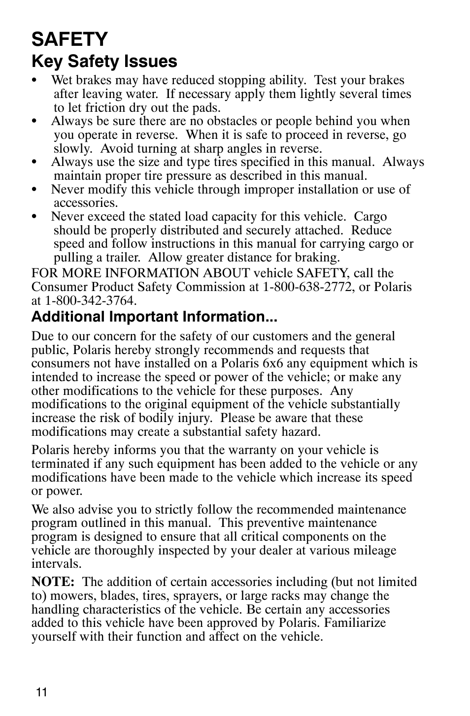 Safety, Key safety issues | Polaris 2002 ATV Sportsman 6X6 User Manual | Page 14 / 131