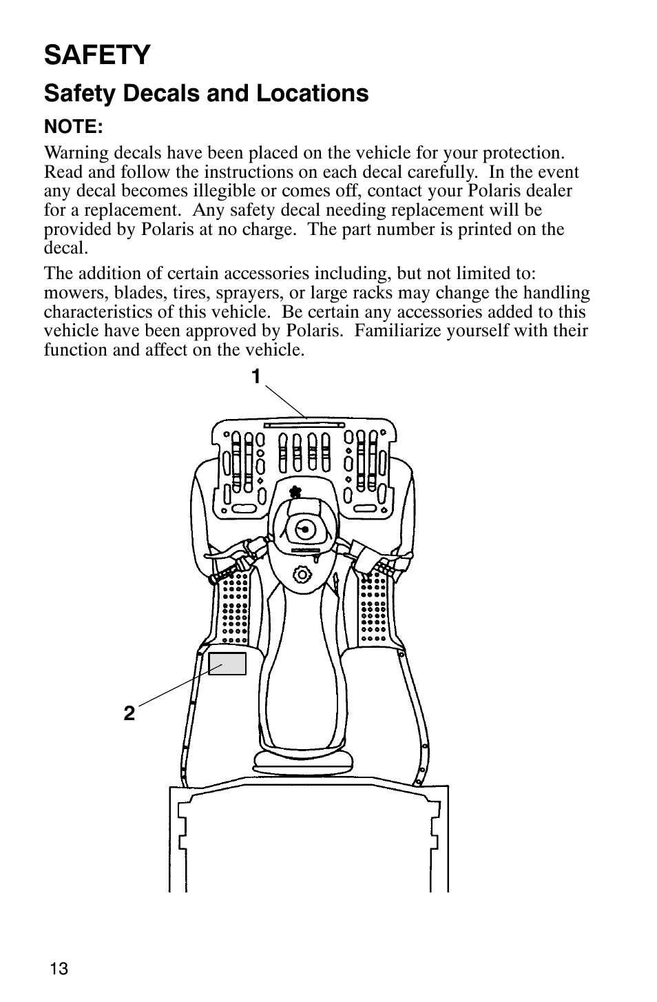 Safety, Safety decals and locations | Polaris 2002 ATV Sportsman 6X6 User Manual | Page 16 / 131