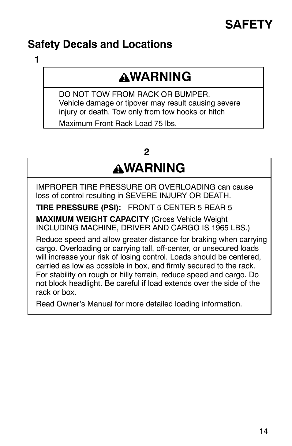 Warning, Safety, Safety decals and locations | Polaris 2002 ATV Sportsman 6X6 User Manual | Page 17 / 131