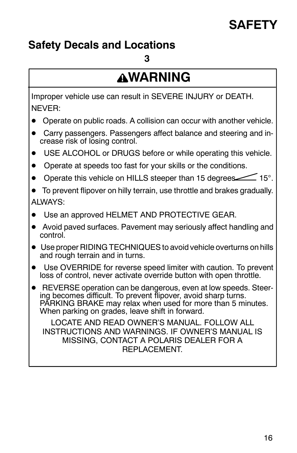 Warning, Safety, Safety decals and locations | Polaris 2002 ATV Sportsman 6X6 User Manual | Page 19 / 131