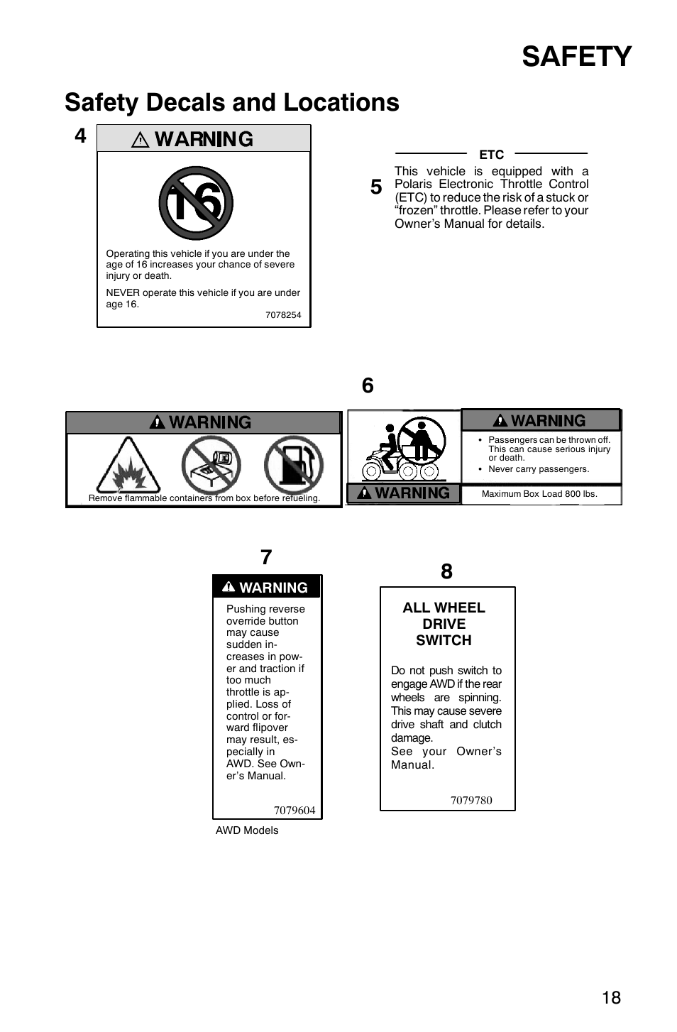 Safety, Safety decals and locations | Polaris 2002 ATV Sportsman 6X6 User Manual | Page 21 / 131