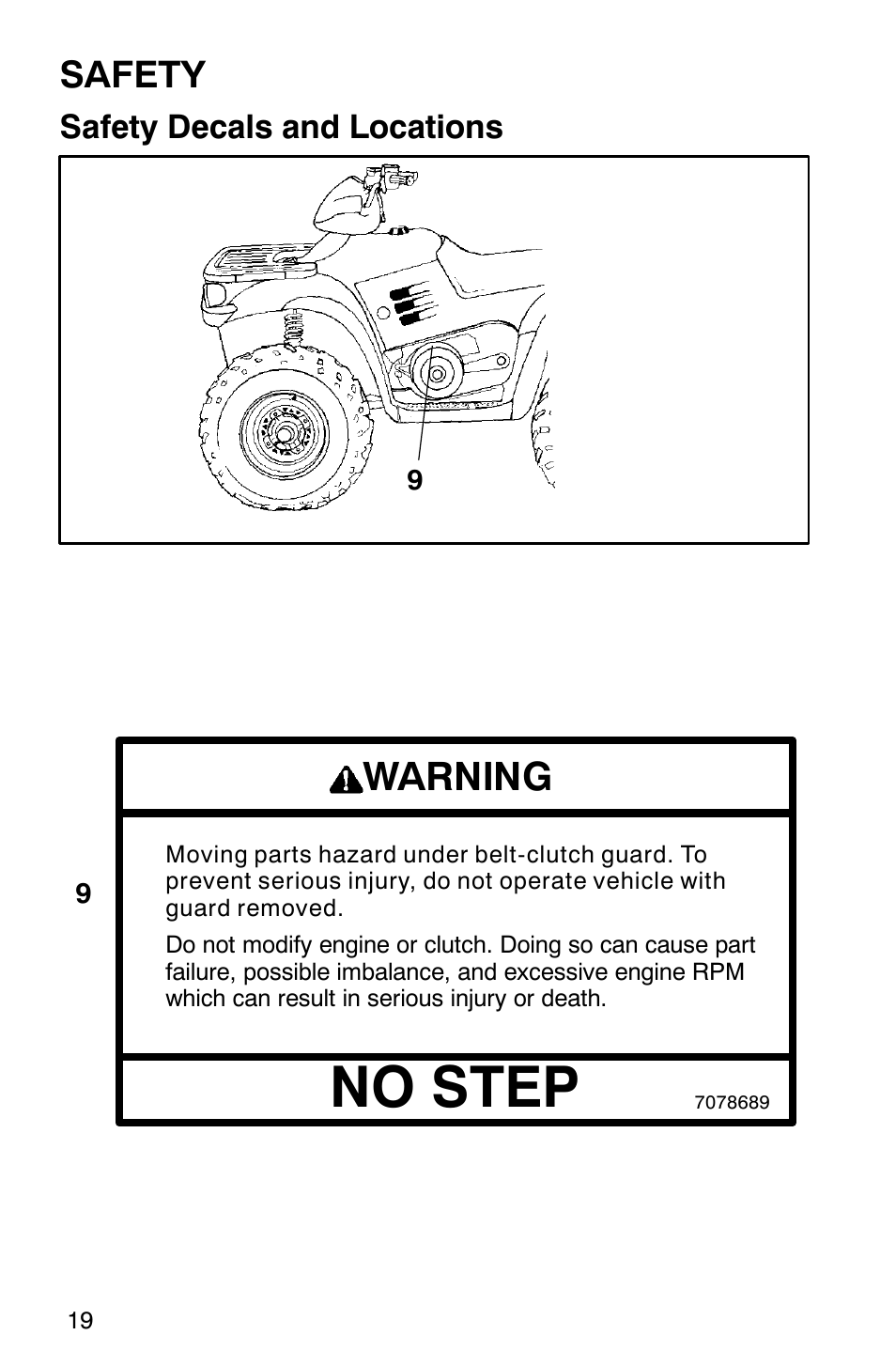 No step, Warning, Safety | Safety decals and locations | Polaris 2002 ATV Sportsman 6X6 User Manual | Page 22 / 131