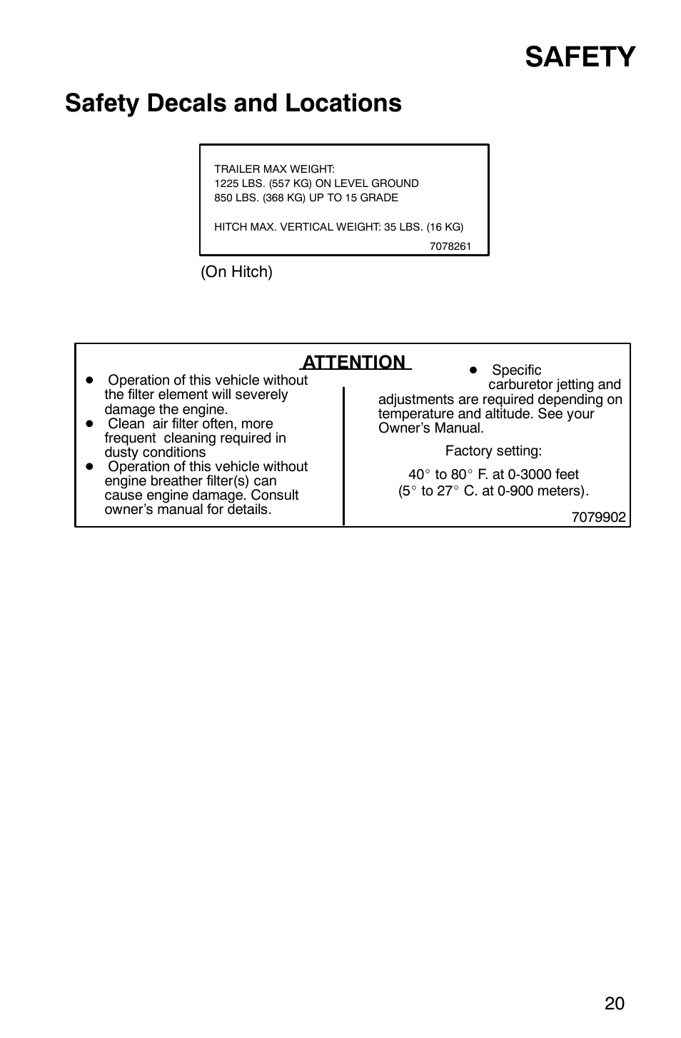 Safety, Safety decals and locations, Attention | Polaris 2002 ATV Sportsman 6X6 User Manual | Page 23 / 131