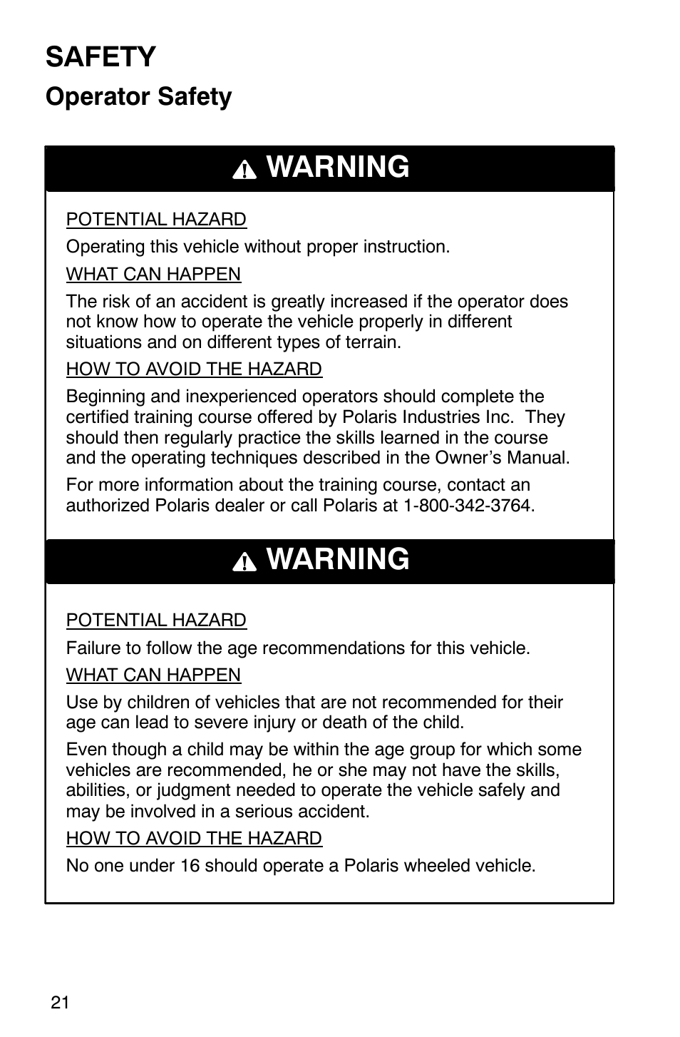 Warning, Safety, Operator safety | Polaris 2002 ATV Sportsman 6X6 User Manual | Page 24 / 131