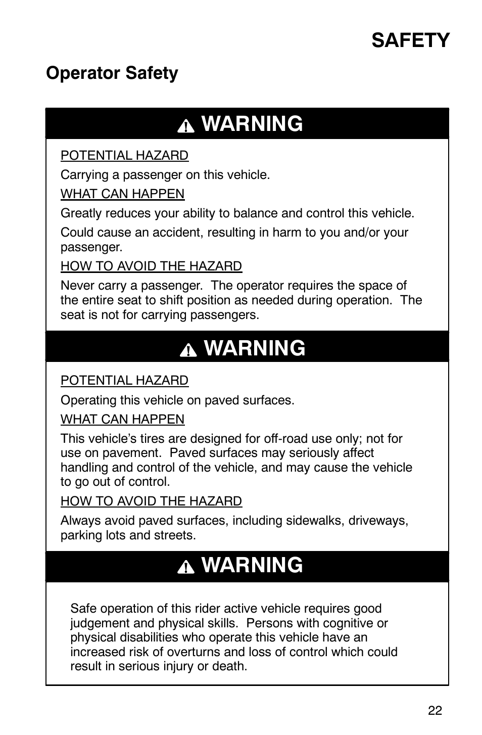 Warning, Safety, Operator safety | Polaris 2002 ATV Sportsman 6X6 User Manual | Page 25 / 131