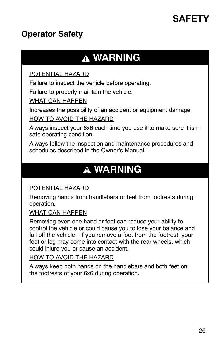 Warning, Safety, Operator safety | Polaris 2002 ATV Sportsman 6X6 User Manual | Page 29 / 131