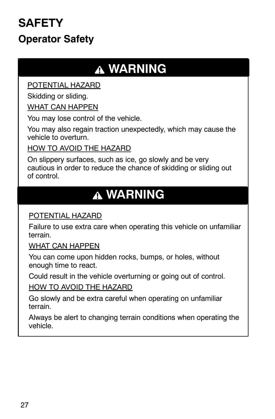 Warning, Safety, Operator safety | Polaris 2002 ATV Sportsman 6X6 User Manual | Page 30 / 131