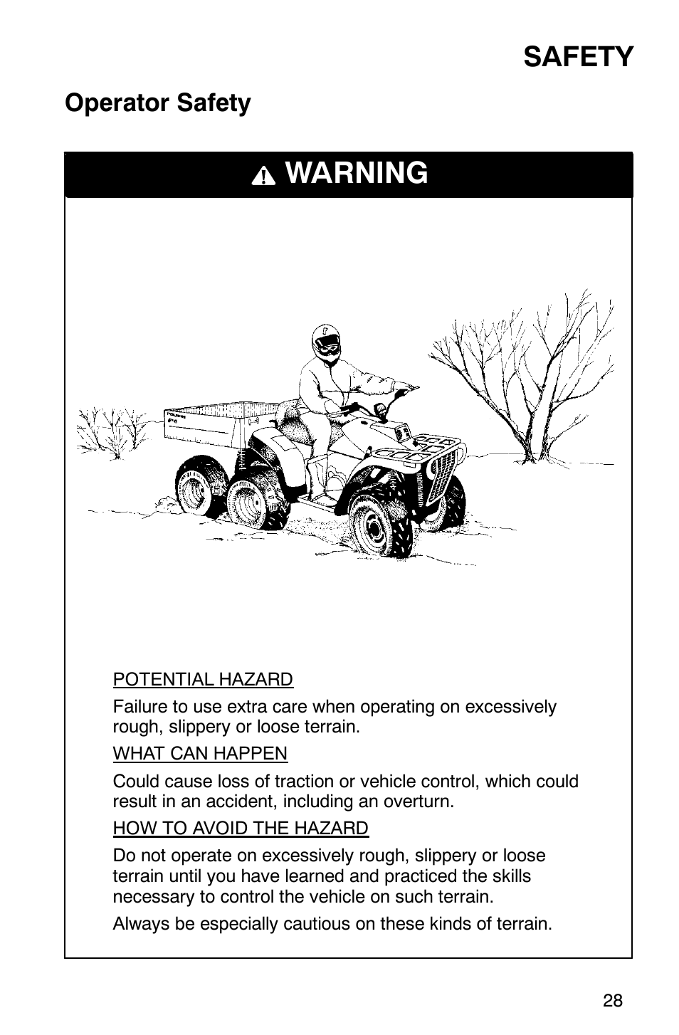 Warning, Safety, Operator safety | Polaris 2002 ATV Sportsman 6X6 User Manual | Page 31 / 131