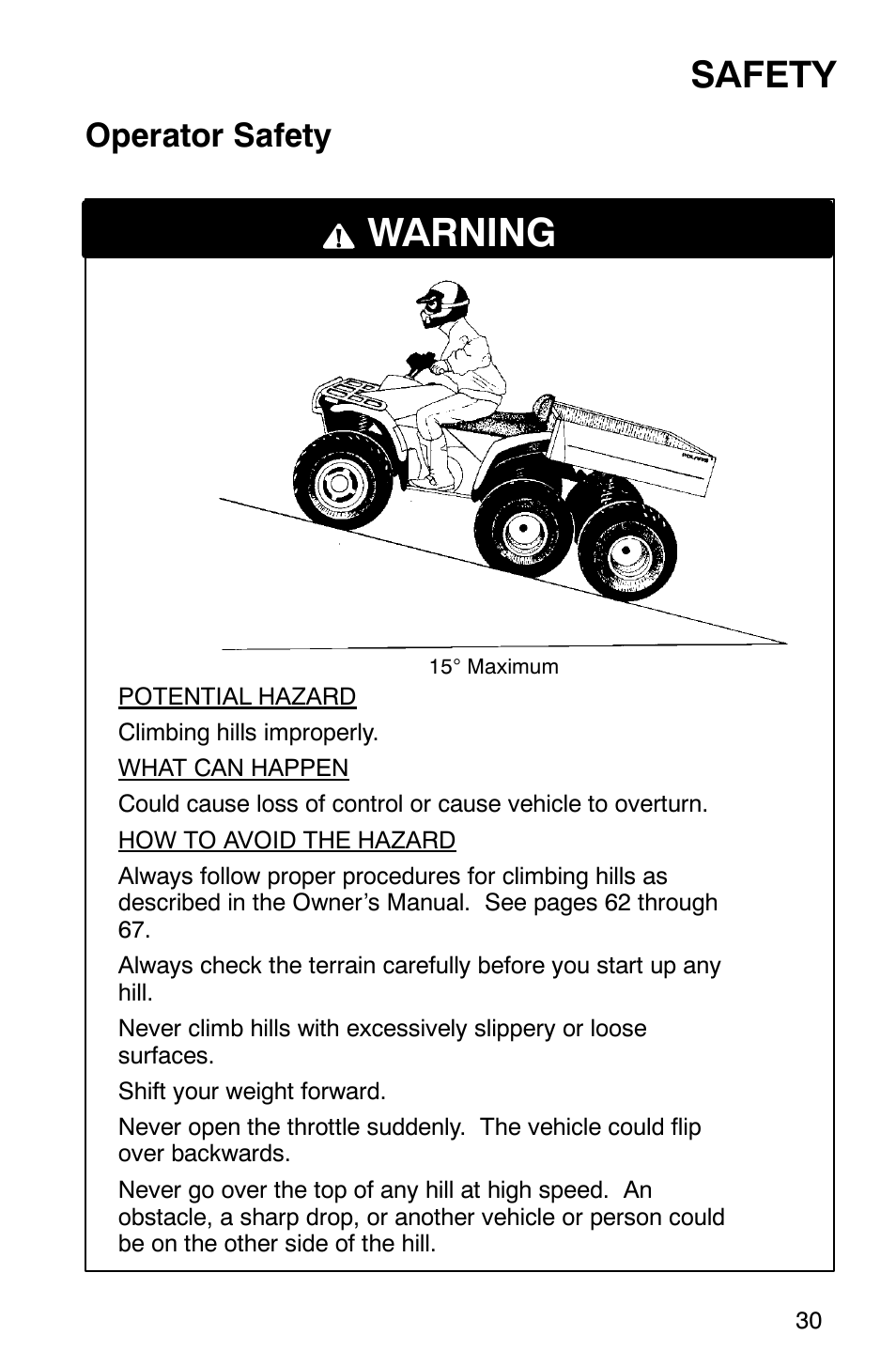 Warning, Safety, Operator safety | Polaris 2002 ATV Sportsman 6X6 User Manual | Page 33 / 131