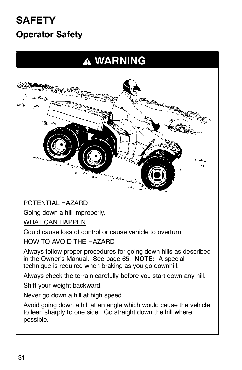 Warning, Safety, Operator safety | Polaris 2002 ATV Sportsman 6X6 User Manual | Page 34 / 131