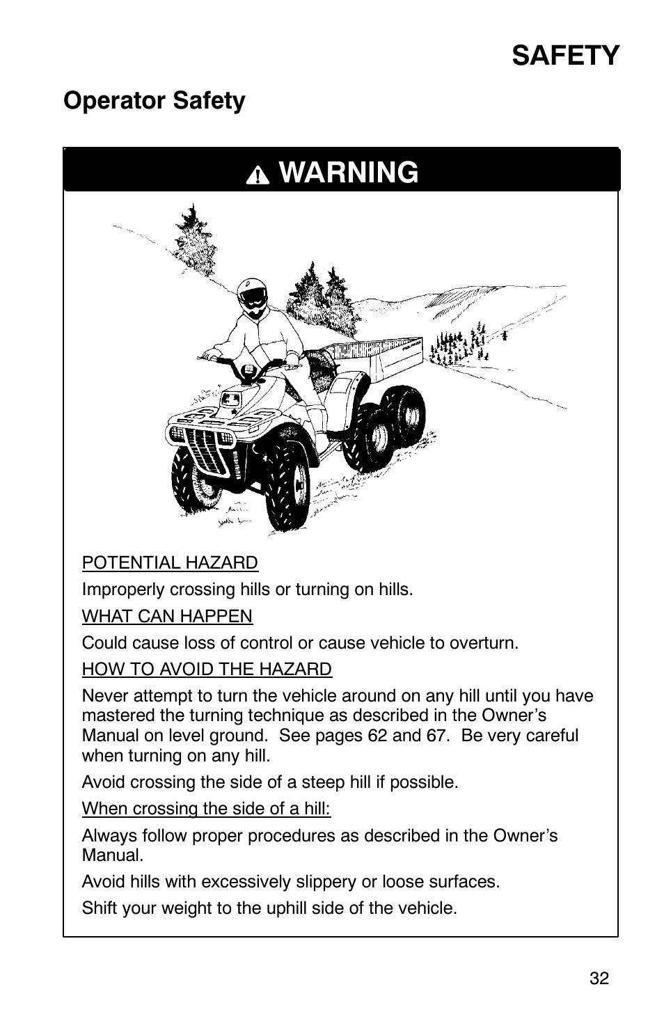 Warning, Safety, Operator safety | Polaris 2002 ATV Sportsman 6X6 User Manual | Page 35 / 131