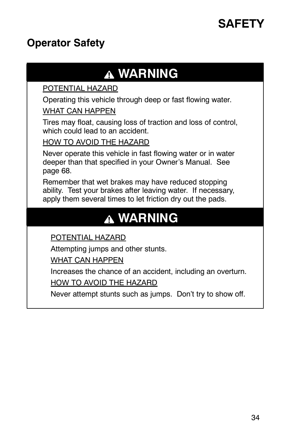 Warning, Safety, Operator safety | Polaris 2002 ATV Sportsman 6X6 User Manual | Page 37 / 131